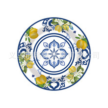 Kryžminio krašto vaisių citrinos tematikos vienkartinių popierinių lėkščių rinkinys dekoravimui citrinos gimtadienio šventės atmosfera vėliavos traukimo staltiesė