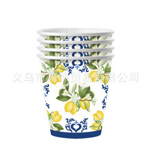 Kryžminio krašto vaisių citrinos tematikos vienkartinių popierinių lėkščių rinkinys dekoravimui citrinos gimtadienio šventės atmosfera vėliavos traukimo staltiesė