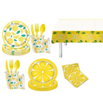 Kryžminio krašto vaisių citrinos tematikos vienkartinių popierinių lėkščių rinkinys dekoravimui citrinos gimtadienio šventės atmosfera vėliavos traukimo staltiesė