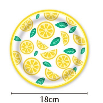 Kryžminio krašto vaisių citrinos tematikos vienkartinių popierinių lėkščių rinkinys dekoravimui citrinos gimtadienio šventės atmosfera vėliavos traukimo staltiesė