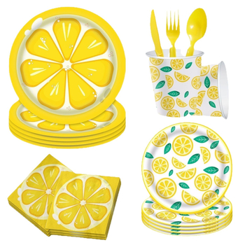 Kryžminio krašto vaisių citrinos tematikos vienkartinių popierinių lėkščių rinkinys dekoravimui citrinos gimtadienio šventės atmosfera vėliavos traukimo staltiesė