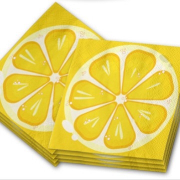 Kryžminio krašto vaisių citrinos tematikos vienkartinių popierinių lėkščių rinkinys dekoravimui citrinos gimtadienio šventės atmosfera vėliavos traukimo staltiesė
