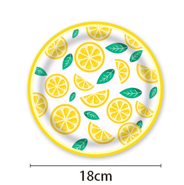 Kryžminio krašto vaisių citrinos tematikos vienkartinių popierinių lėkščių rinkinys dekoravimui citrinos gimtadienio šventės atmosfera vėliavos traukimo staltiesė