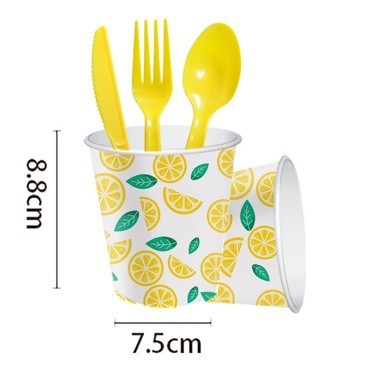 Kryžminio krašto vaisių citrinos tematikos vienkartinių popierinių lėkščių rinkinys dekoravimui citrinos gimtadienio šventės atmosfera vėliavos traukimo staltiesė