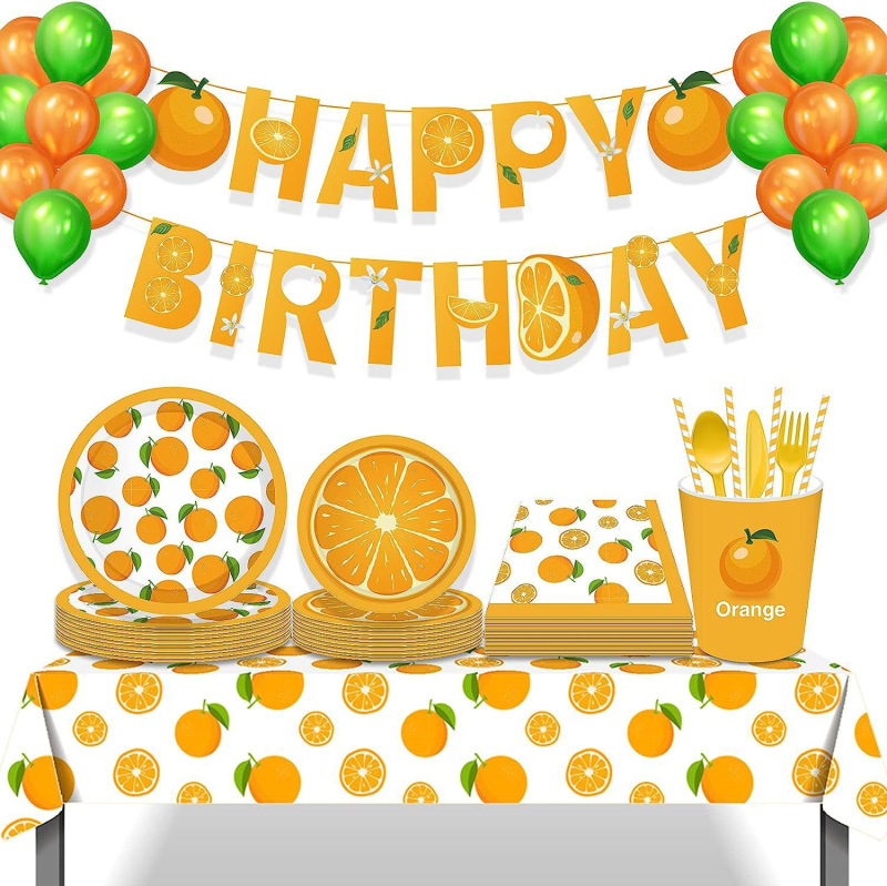 Kryžminio krašto vaisių citrinos tematikos vienkartinių popierinių lėkščių rinkinys dekoravimui citrinos gimtadienio šventės atmosfera vėliavos traukimo staltiesė
