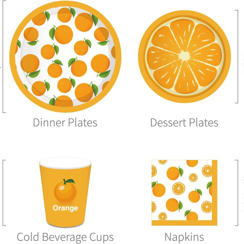 Kryžminio krašto vaisių citrinos tematikos vienkartinių popierinių lėkščių rinkinys dekoravimui citrinos gimtadienio šventės atmosfera vėliavos traukimo staltiesė