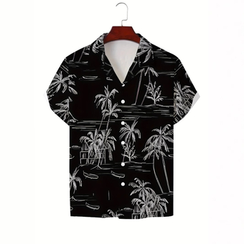 Καλοκαιρινό Ανδρικό Νέο Casual Μοντέρνο Στάμπο με Κοντά Μανίκια και Ρετρό Κουβανέζικο Γιακά, Απλό