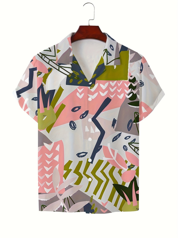Vara bărbaților noul casual la modă imprimat cu mânecă scurtă retro rever guler cubanez cămașă simplă