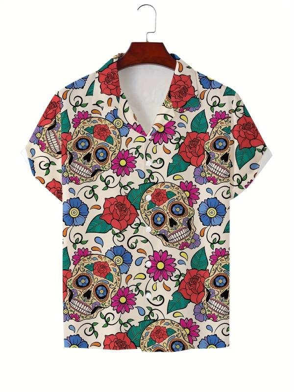 Vara bărbaților noul casual la modă imprimat cu mânecă scurtă retro rever guler cubanez cămașă simplă