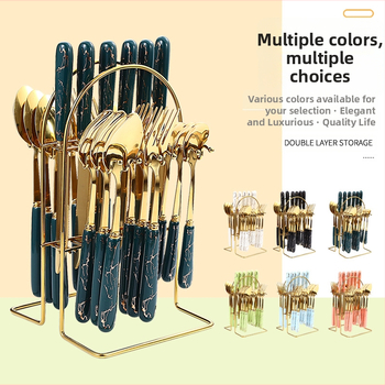 24 dalių nerūdijančio plieno stalo įrankių rinkinys, naujas, paauksuotas, keraminis peilių, šakučių ir šaukštų laikymo stovas, dovanų dėžutė.