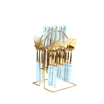 24 dalių nerūdijančio plieno stalo įrankių rinkinys, naujas, paauksuotas, keraminis peilių, šakučių ir šaukštų laikymo stovas, dovanų dėžutė.