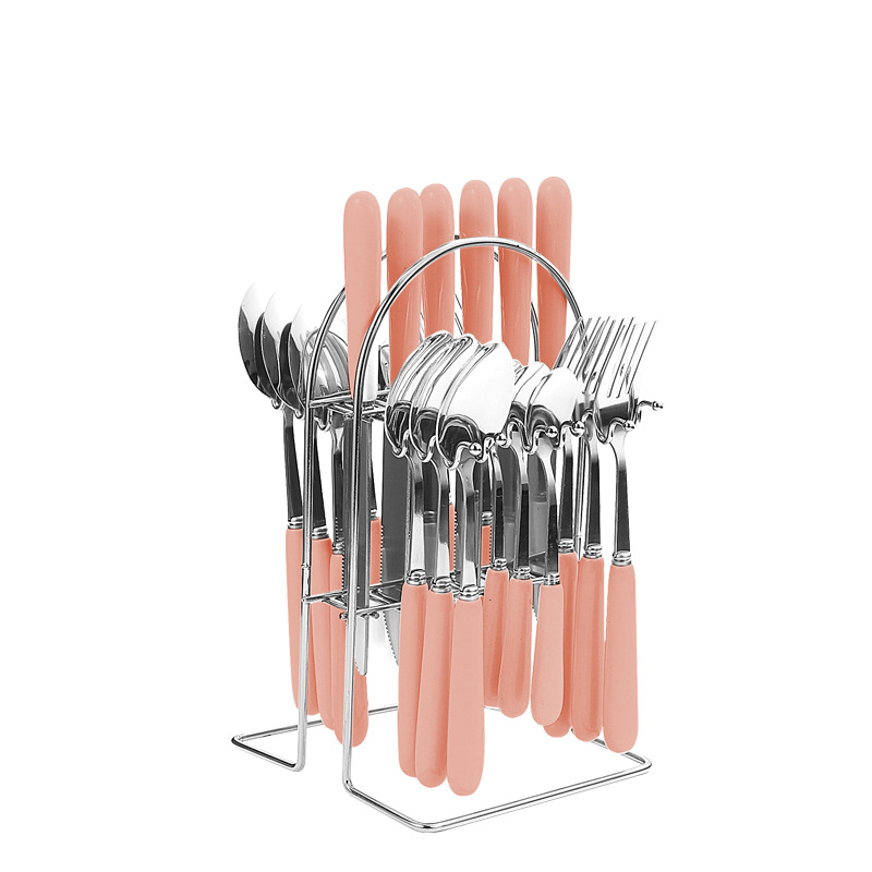 24 dalių nerūdijančio plieno stalo įrankių rinkinys, naujas, paauksuotas, keraminis peilių, šakučių ir šaukštų laikymo stovas, dovanų dėžutė.