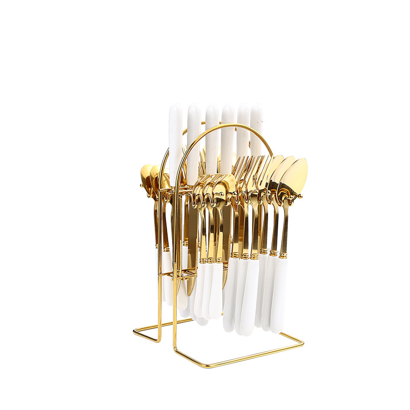 24 dalių nerūdijančio plieno stalo įrankių rinkinys, naujas, paauksuotas, keraminis peilių, šakučių ir šaukštų laikymo stovas, dovanų dėžutė.