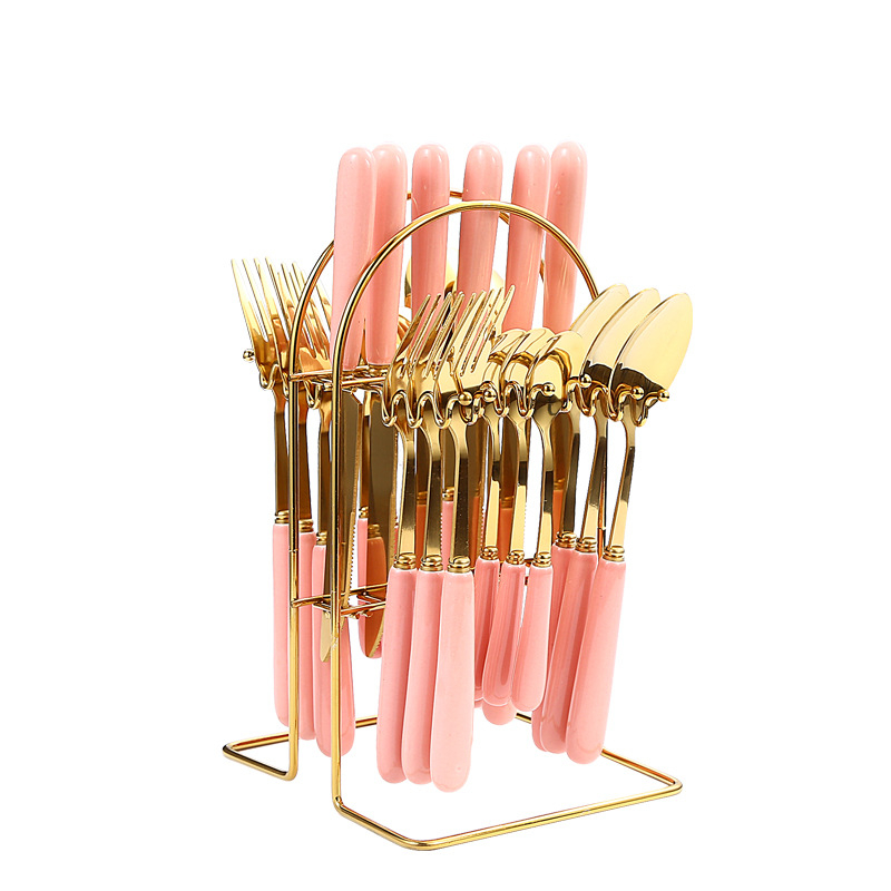 24 dalių nerūdijančio plieno stalo įrankių rinkinys, naujas, paauksuotas, keraminis peilių, šakučių ir šaukštų laikymo stovas, dovanų dėžutė.