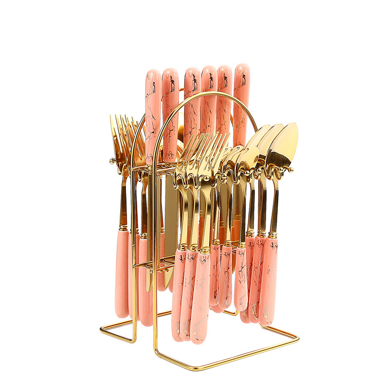 24 dalių nerūdijančio plieno stalo įrankių rinkinys, naujas, paauksuotas, keraminis peilių, šakučių ir šaukštų laikymo stovas, dovanų dėžutė.