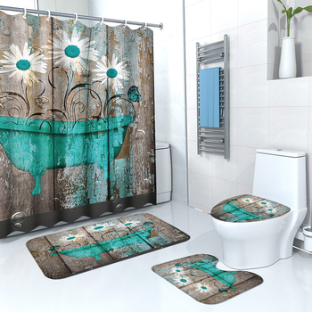 Puidust retro lillega dušikardina põrandamatt, neljaosaline komplekt, kodune vannituba, kuiv- ja märgeraldusvahesein, dušikardin, veekindel dušikardin