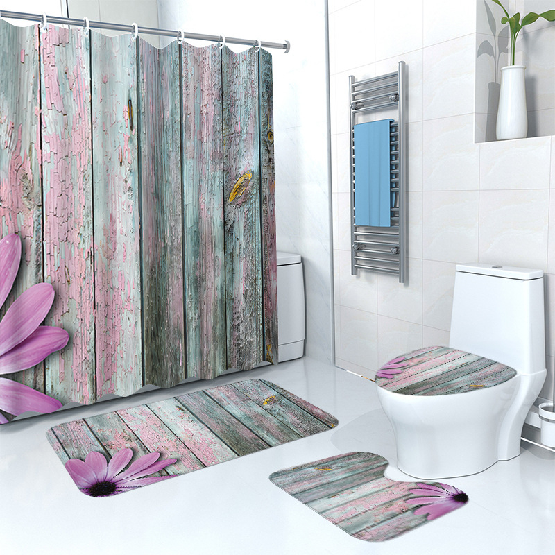 Puidust retro lillega dušikardina põrandamatt, neljaosaline komplekt, kodune vannituba, kuiv- ja märgeraldusvahesein, dušikardin, veekindel dušikardin