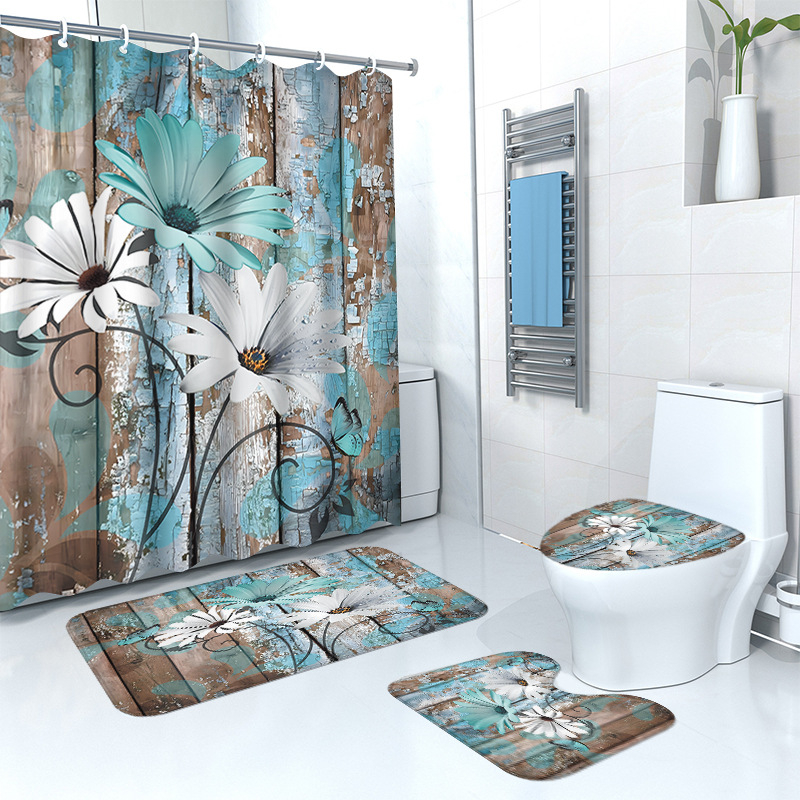 Puidust retro lillega dušikardina põrandamatt, neljaosaline komplekt, kodune vannituba, kuiv- ja märgeraldusvahesein, dušikardin, veekindel dušikardin