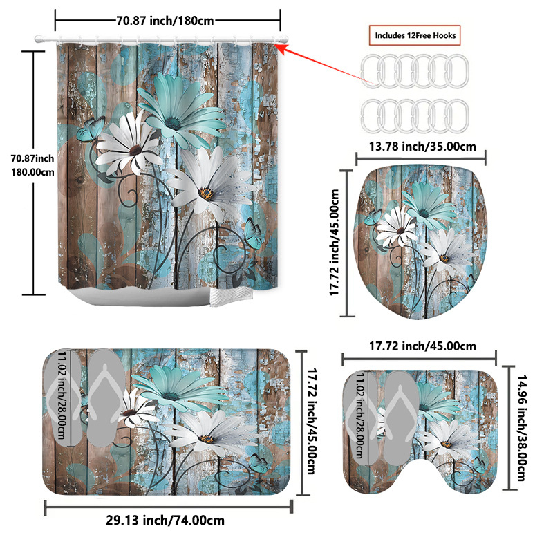 Puidust retro lillega dušikardina põrandamatt, neljaosaline komplekt, kodune vannituba, kuiv- ja märgeraldusvahesein, dušikardin, veekindel dušikardin