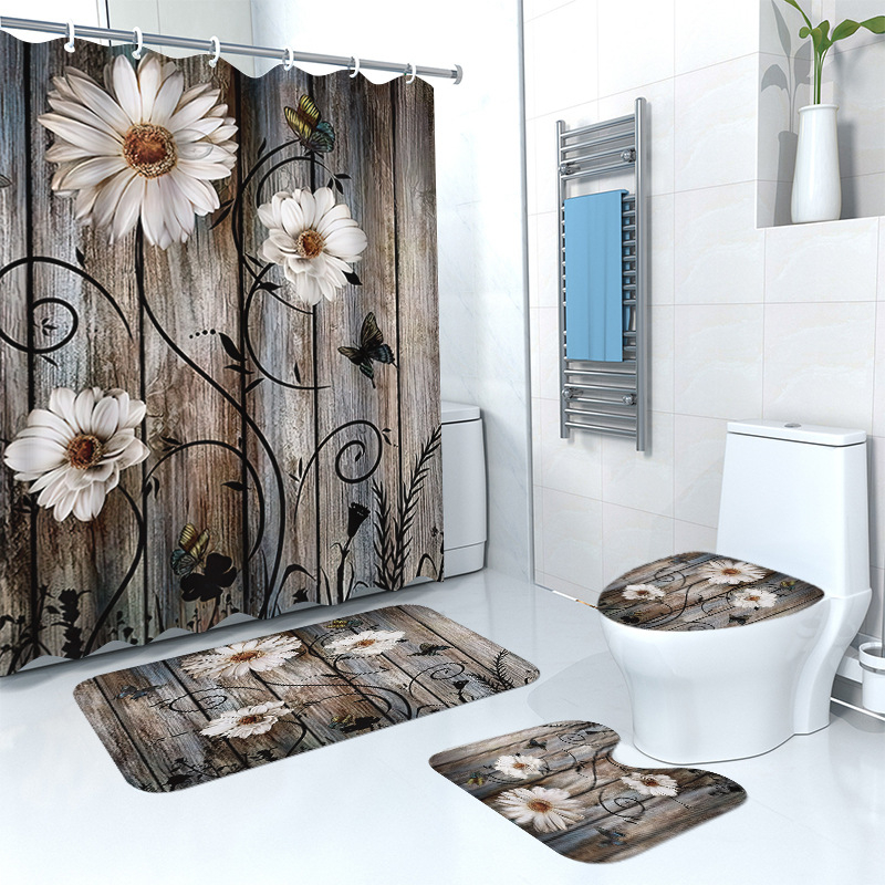 Puidust retro lillega dušikardina põrandamatt, neljaosaline komplekt, kodune vannituba, kuiv- ja märgeraldusvahesein, dušikardin, veekindel dušikardin