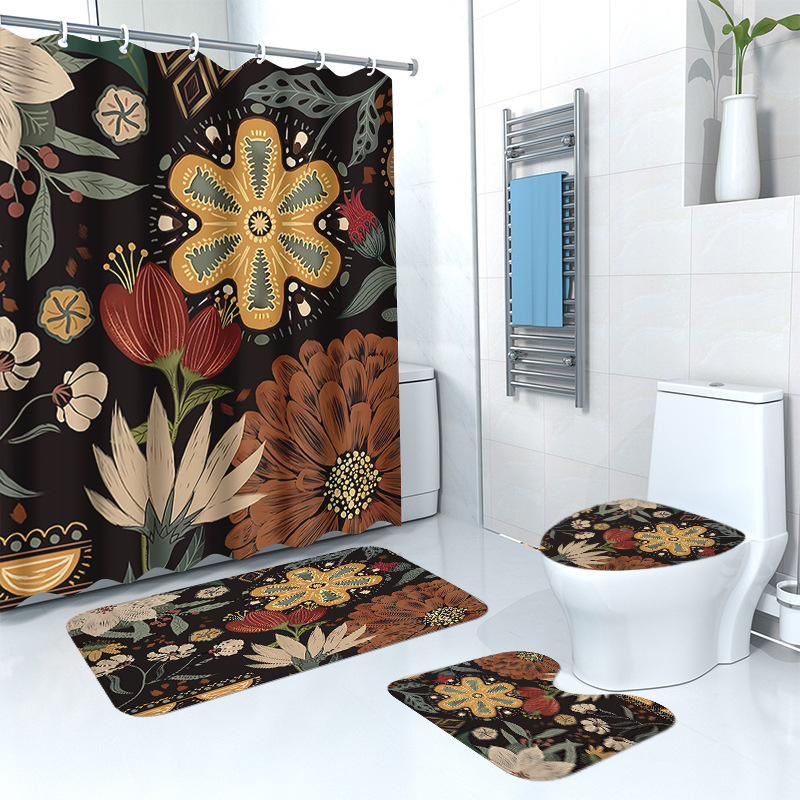 Puidust retro lillega dušikardina põrandamatt, neljaosaline komplekt, kodune vannituba, kuiv- ja märgeraldusvahesein, dušikardin, veekindel dušikardin