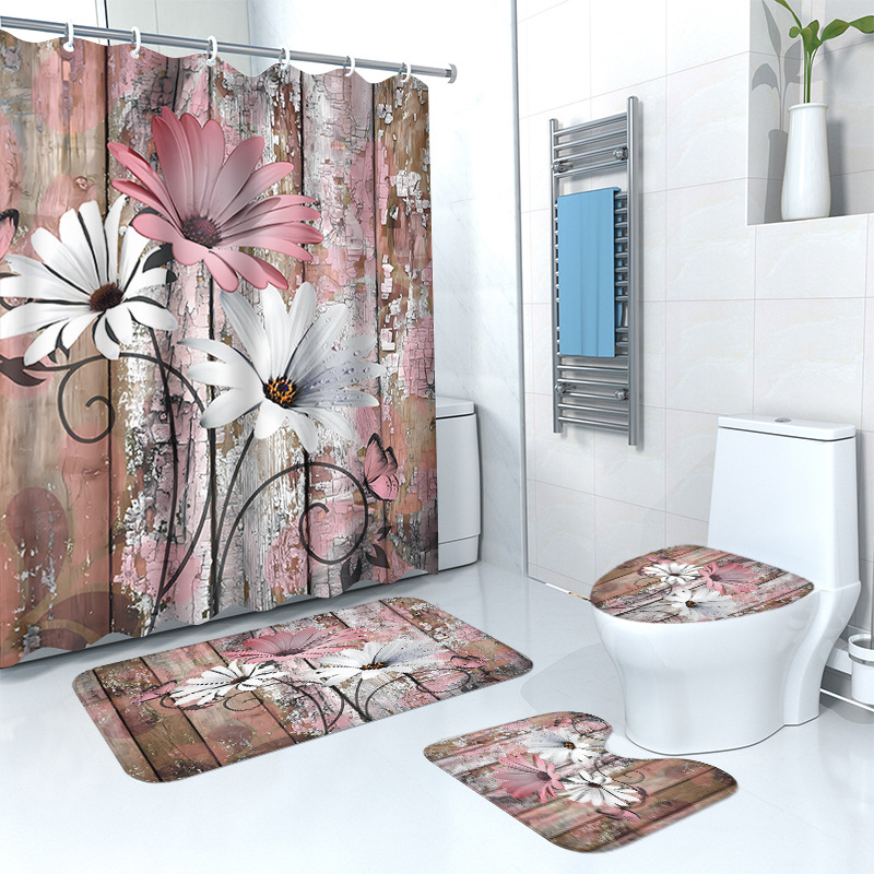 Puidust retro lillega dušikardina põrandamatt, neljaosaline komplekt, kodune vannituba, kuiv- ja märgeraldusvahesein, dušikardin, veekindel dušikardin