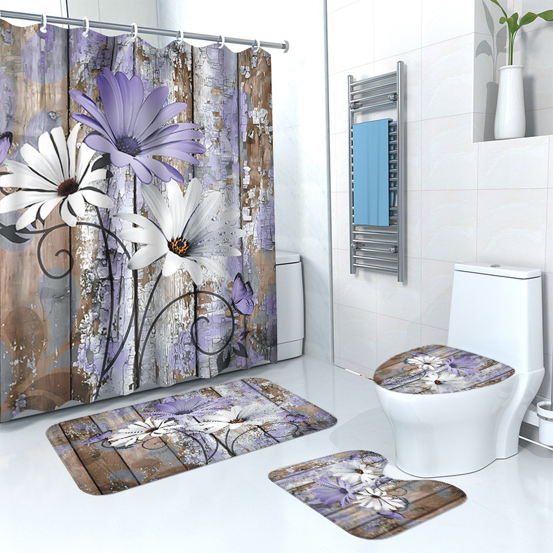 Puidust retro lillega dušikardina põrandamatt, neljaosaline komplekt, kodune vannituba, kuiv- ja märgeraldusvahesein, dušikardin, veekindel dušikardin