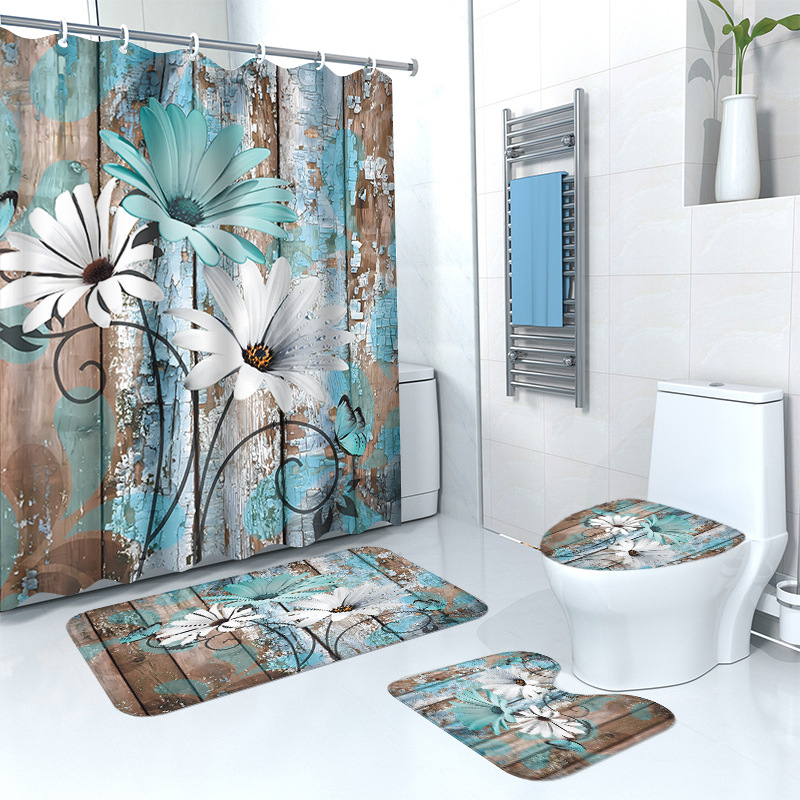 Puidust retro lillega dušikardina põrandamatt, neljaosaline komplekt, kodune vannituba, kuiv- ja märgeraldusvahesein, dušikardin, veekindel dušikardin