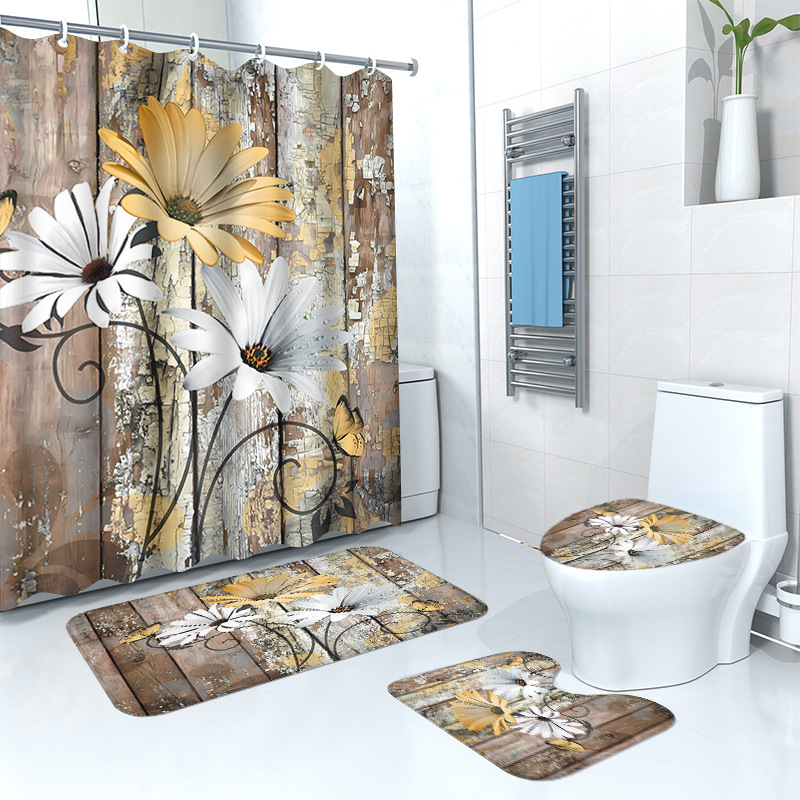 Puidust retro lillega dušikardina põrandamatt, neljaosaline komplekt, kodune vannituba, kuiv- ja märgeraldusvahesein, dušikardin, veekindel dušikardin
