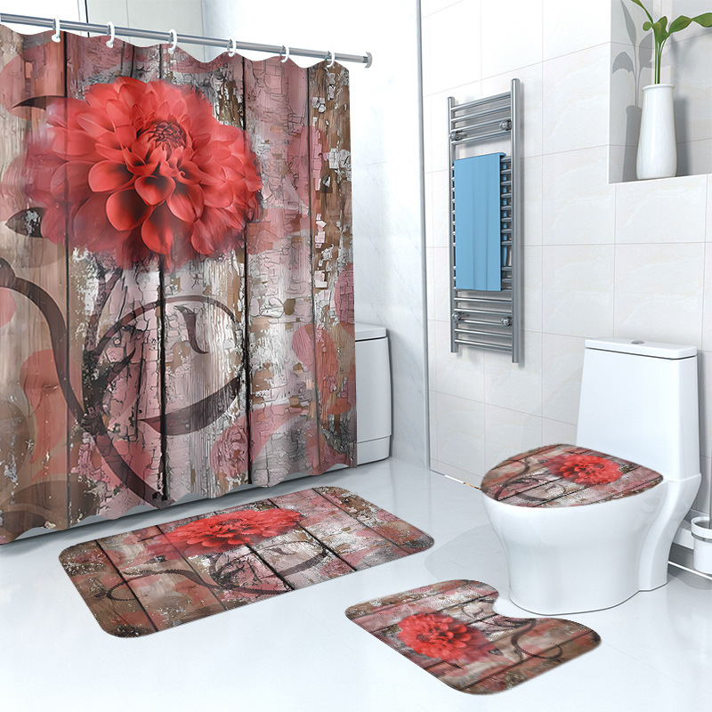 Puidust retro lillega dušikardina põrandamatt, neljaosaline komplekt, kodune vannituba, kuiv- ja märgeraldusvahesein, dušikardin, veekindel dušikardin