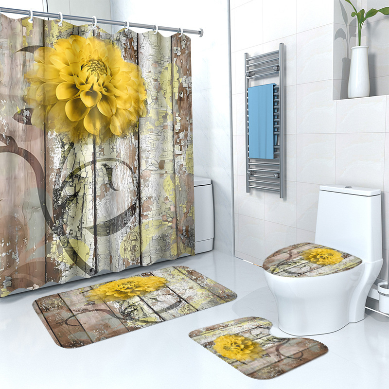 Puidust retro lillega dušikardina põrandamatt, neljaosaline komplekt, kodune vannituba, kuiv- ja märgeraldusvahesein, dušikardin, veekindel dušikardin