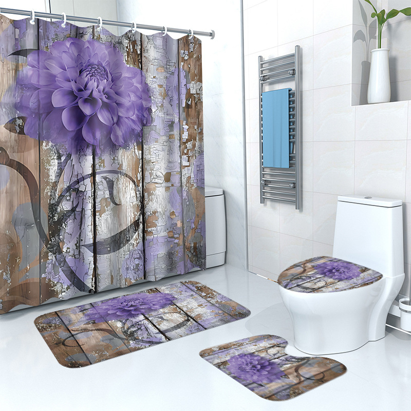 Puidust retro lillega dušikardina põrandamatt, neljaosaline komplekt, kodune vannituba, kuiv- ja märgeraldusvahesein, dušikardin, veekindel dušikardin
