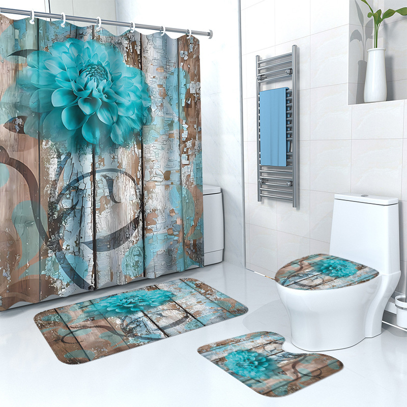 Puidust retro lillega dušikardina põrandamatt, neljaosaline komplekt, kodune vannituba, kuiv- ja märgeraldusvahesein, dušikardin, veekindel dušikardin