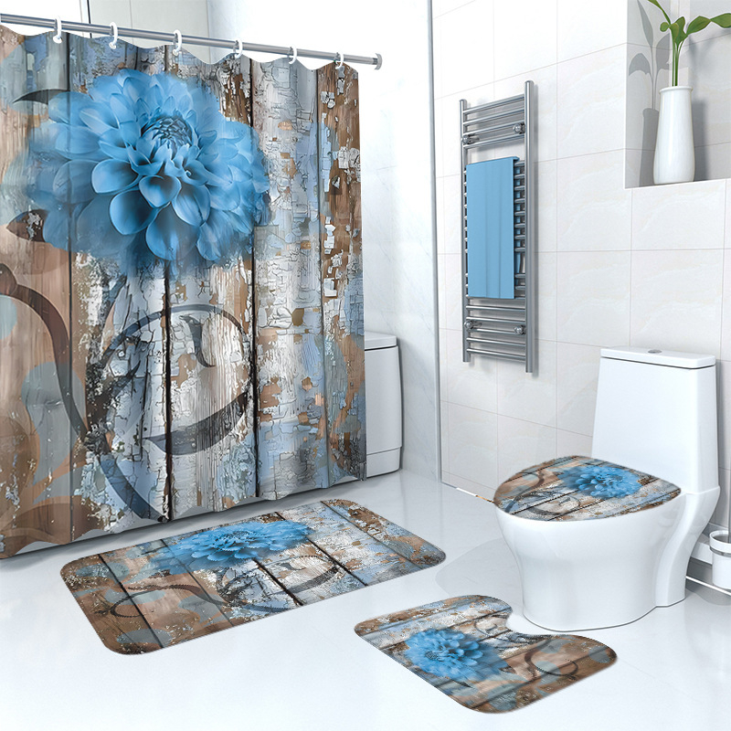 Puidust retro lillega dušikardina põrandamatt, neljaosaline komplekt, kodune vannituba, kuiv- ja märgeraldusvahesein, dušikardin, veekindel dušikardin