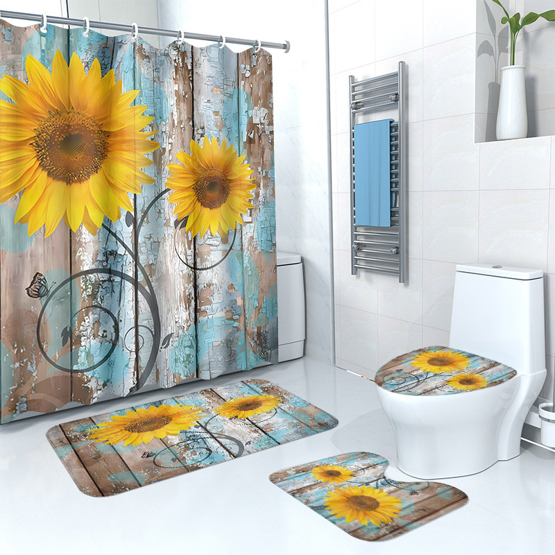 Puidust retro lillega dušikardina põrandamatt, neljaosaline komplekt, kodune vannituba, kuiv- ja märgeraldusvahesein, dušikardin, veekindel dušikardin