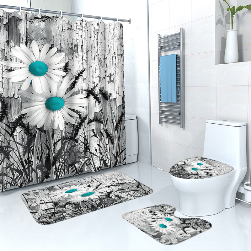 Puidust retro lillega dušikardina põrandamatt, neljaosaline komplekt, kodune vannituba, kuiv- ja märgeraldusvahesein, dušikardin, veekindel dušikardin