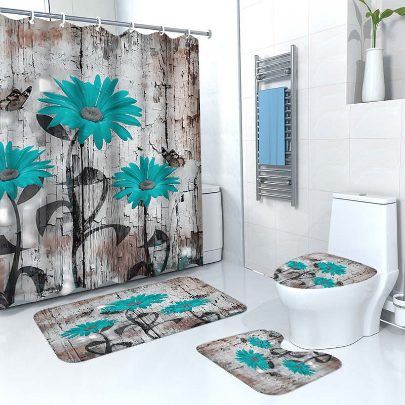 Puidust retro lillega dušikardina põrandamatt, neljaosaline komplekt, kodune vannituba, kuiv- ja märgeraldusvahesein, dušikardin, veekindel dušikardin