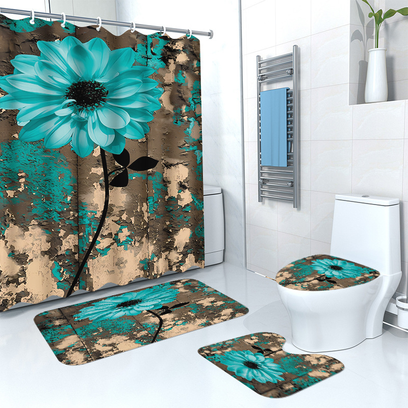 Puidust retro lillega dušikardina põrandamatt, neljaosaline komplekt, kodune vannituba, kuiv- ja märgeraldusvahesein, dušikardin, veekindel dušikardin