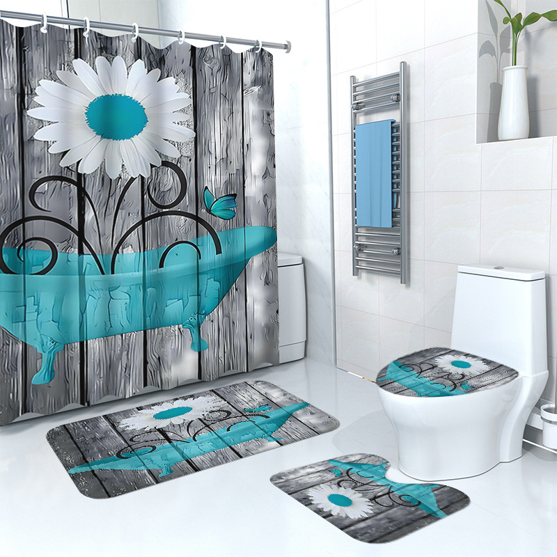 Puidust retro lillega dušikardina põrandamatt, neljaosaline komplekt, kodune vannituba, kuiv- ja märgeraldusvahesein, dušikardin, veekindel dušikardin