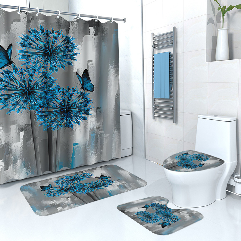 Puidust retro lillega dušikardina põrandamatt, neljaosaline komplekt, kodune vannituba, kuiv- ja märgeraldusvahesein, dušikardin, veekindel dušikardin