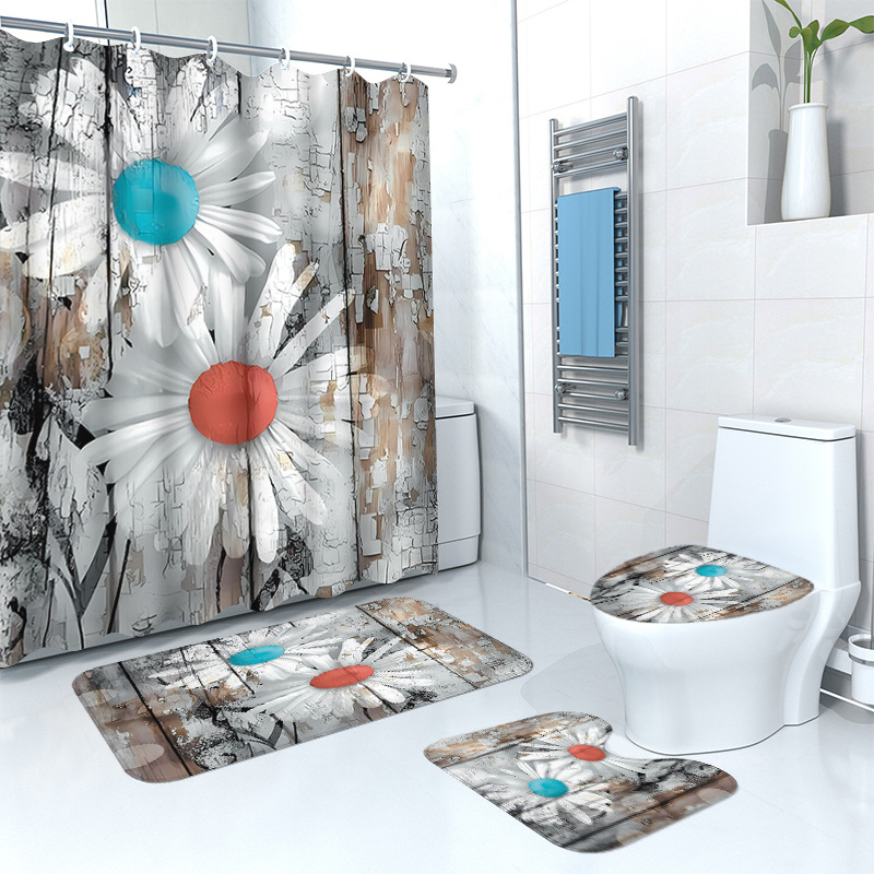 Puidust retro lillega dušikardina põrandamatt, neljaosaline komplekt, kodune vannituba, kuiv- ja märgeraldusvahesein, dušikardin, veekindel dušikardin
