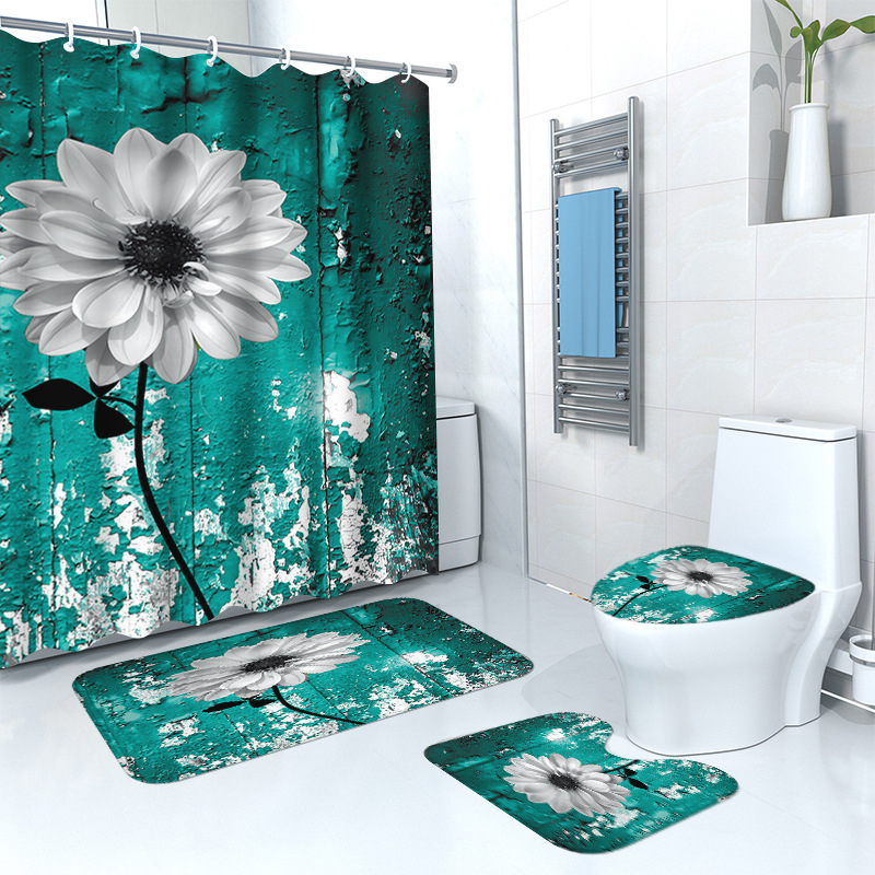 Puidust retro lillega dušikardina põrandamatt, neljaosaline komplekt, kodune vannituba, kuiv- ja märgeraldusvahesein, dušikardin, veekindel dušikardin