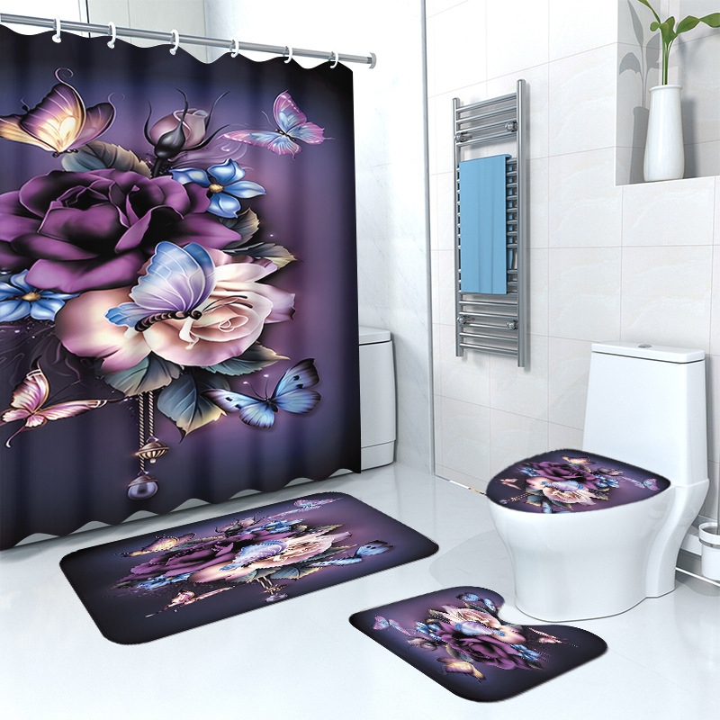 Puidust retro lillega dušikardina põrandamatt, neljaosaline komplekt, kodune vannituba, kuiv- ja märgeraldusvahesein, dušikardin, veekindel dušikardin