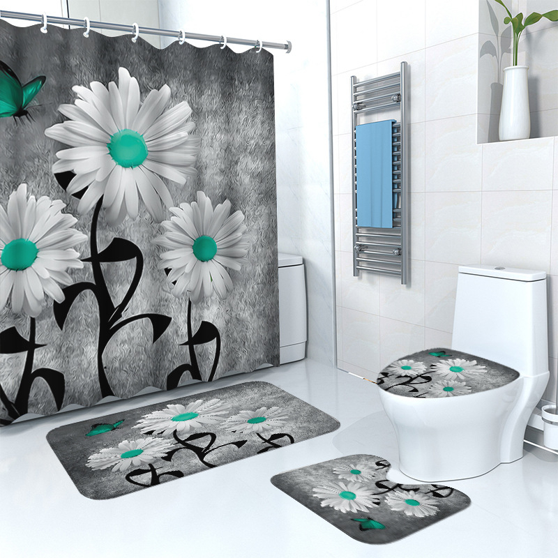 Puidust retro lillega dušikardina põrandamatt, neljaosaline komplekt, kodune vannituba, kuiv- ja märgeraldusvahesein, dušikardin, veekindel dušikardin