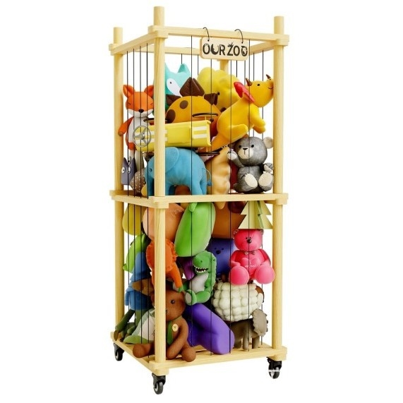 Raft de depozitare pentru jucării de pluș din lemn, căptușit, pentru animale de pluș, pentru pepinieră, depozitare pentru jucării, cușcă din lemn