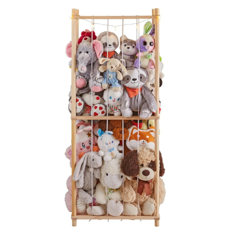 Raft de depozitare pentru jucării de pluș din lemn, căptușit, pentru animale de pluș, pentru pepinieră, depozitare pentru jucării, cușcă din lemn