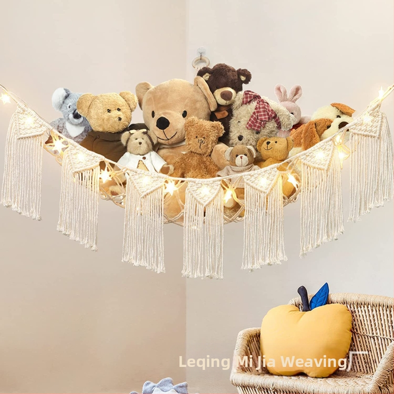 Käsitsi kootud puuvillast köiest seinatasku, Põhjamaade stiilis kolmnurkne seinamänguasi, võrktasku, puuvillast köiest tutiga rippkorv, võrktasku, ajakirjade hoiustamine