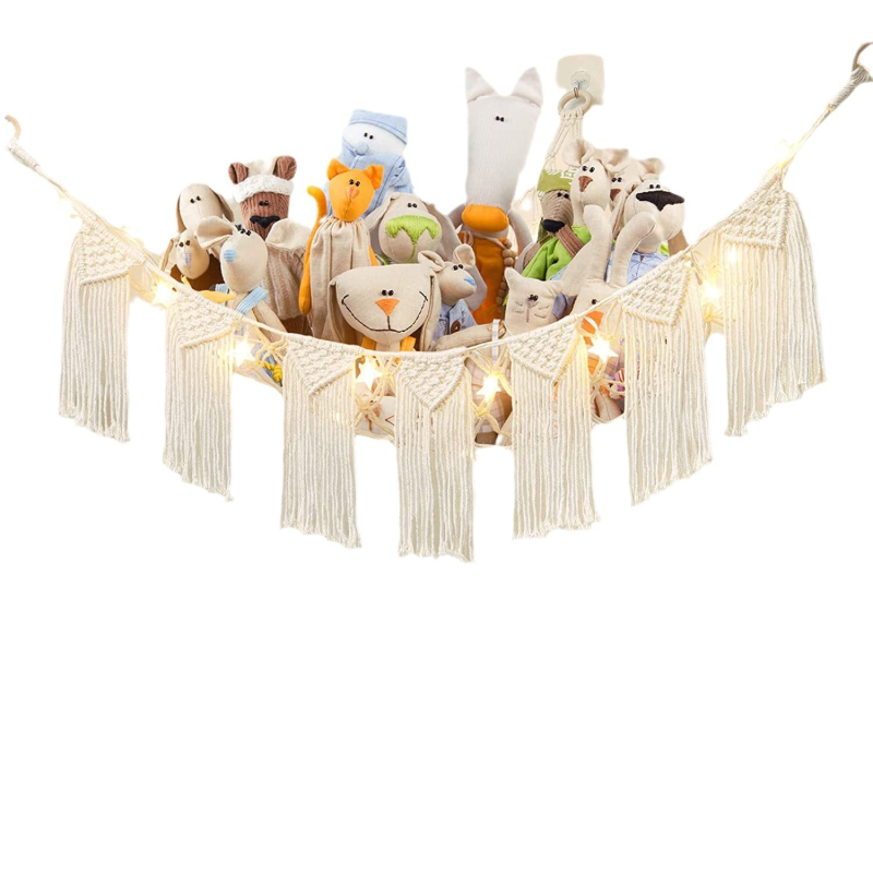 Käsitsi kootud puuvillast köiest seinatasku, Põhjamaade stiilis kolmnurkne seinamänguasi, võrktasku, puuvillast köiest tutiga rippkorv, võrktasku, ajakirjade hoiustamine