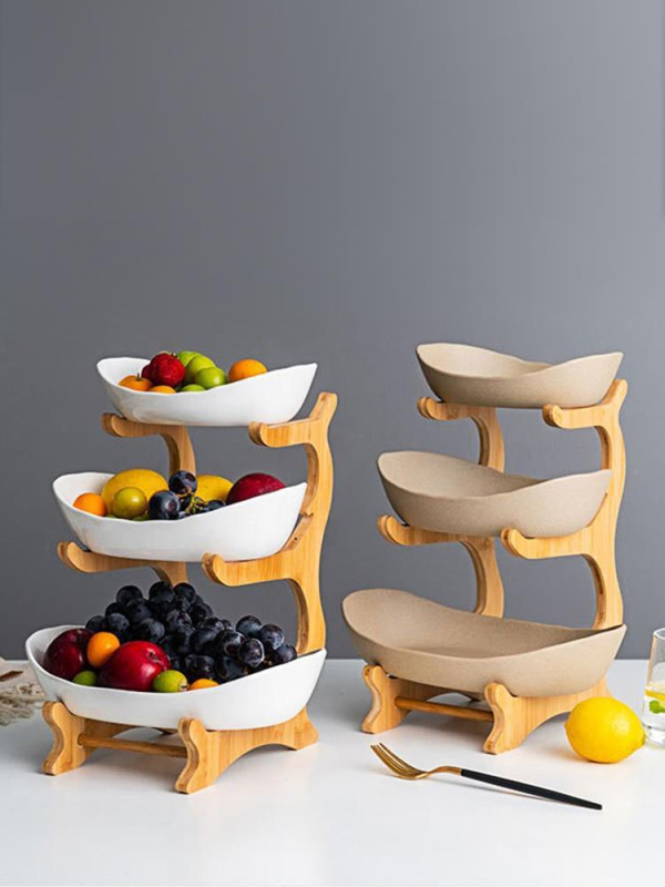 Kūrybinga trijų sluoksnių daugiasluoksnė vaisių lėkštė, europietiška keraminė sausų vaisių lėkštė, bambuko medinė lentynėlė, buitinių užkandžių lėkštė, saldainių padėklas, vaisių krepšelis