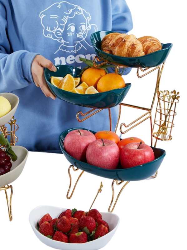 Kūrybinga trijų sluoksnių daugiasluoksnė vaisių lėkštė, europietiška keraminė sausų vaisių lėkštė, bambuko medinė lentynėlė, buitinių užkandžių lėkštė, saldainių padėklas, vaisių krepšelis